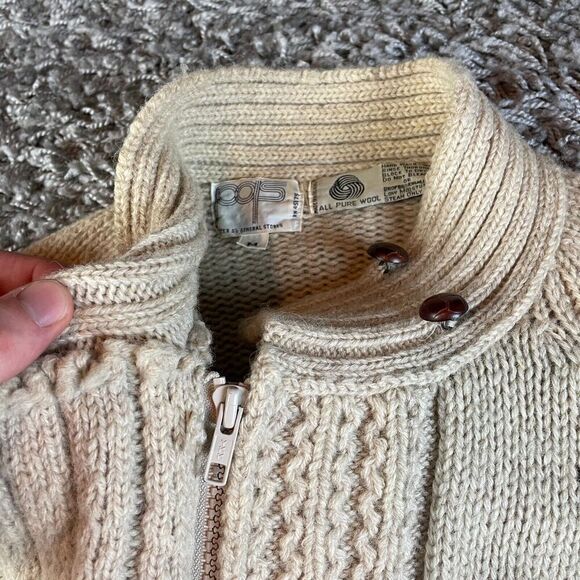 Vintage Cable Knit Cardigan Sweater Mens Womens Medium M Beige Pure Wool 70s 80s - Picture 6 of 16